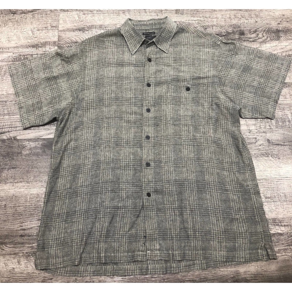 Marc Edwards Sz XL Tan Linen Blend Shirt Button Down Short Sleeve Pockets B2